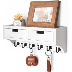 Rebee Vision Key Holder Wall Mount with Drawer Organizer: Mail Organizer with 6 Key Hooks & Dual Drawer Storage - Room Decor for Home and Apartment Essentials (Modern White)