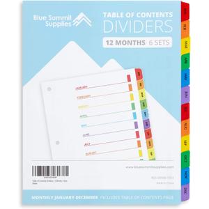 Blue Summit Supplies 12 Month Dividers for Binders, Jan to Dec Monthly Tabs, Includes Customizable Table of Contents Index, 6 Sets