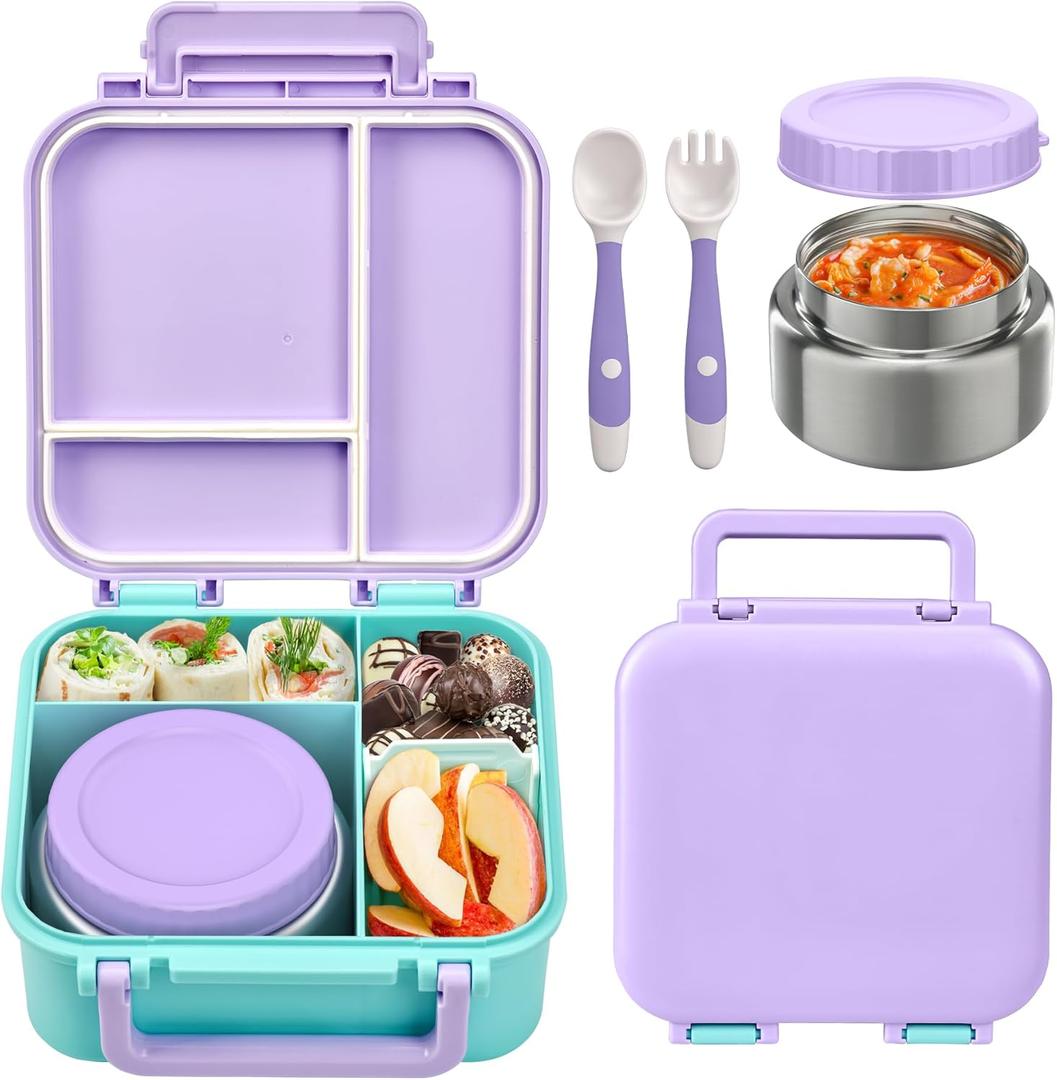 Bento Box for Kids with Soup Thermos(9oz) Kid Bento Lunch Box with Leak Proof Insulated Food Jar, Hot & Cold Lunch Container Set for School Girls Boys, 4-Compartments, Purple/Blue