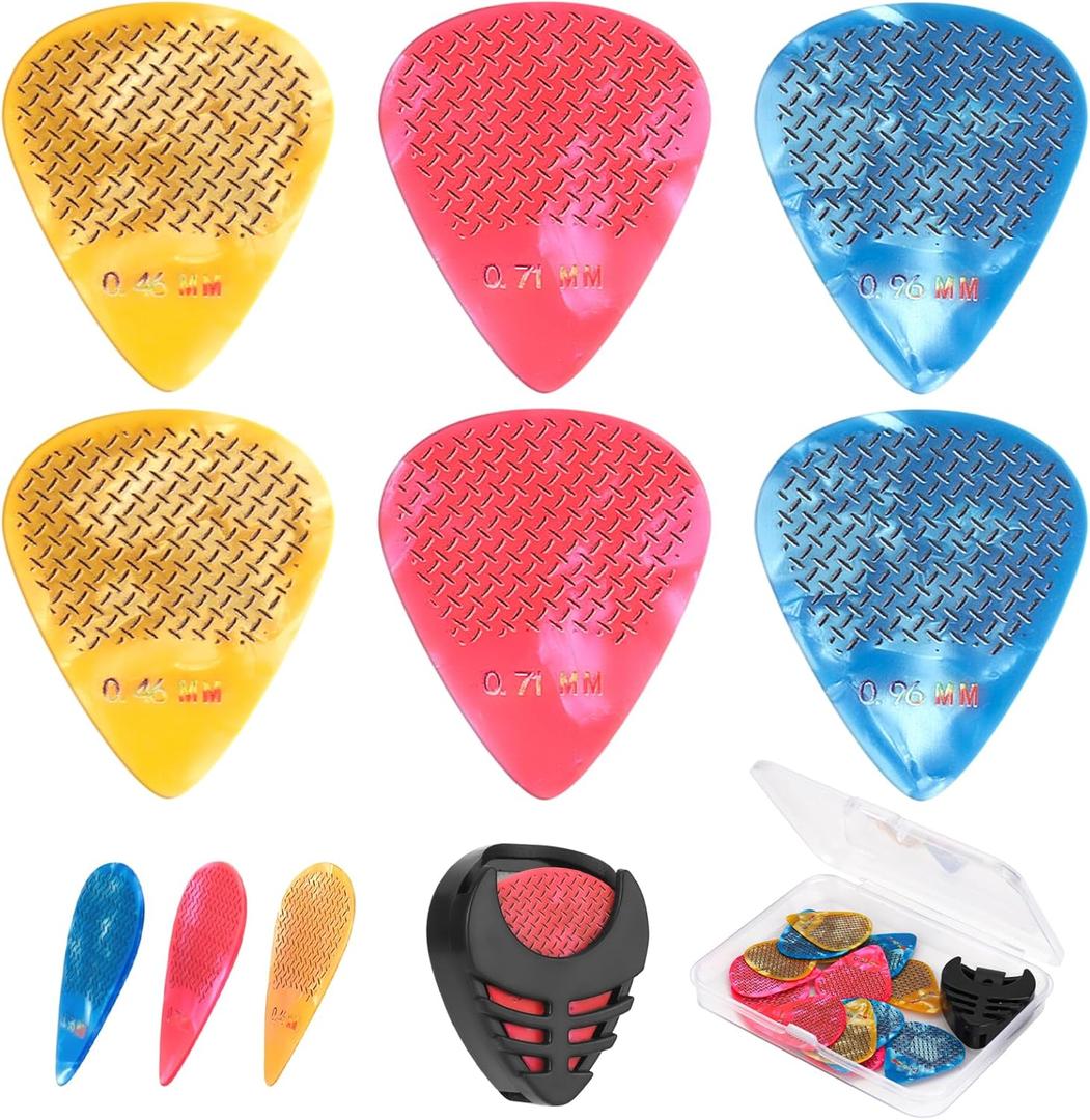 15pcs Guitar Picks, 0.46 0.71 0.96 mm Includes Thin Medium Heavy Thickness, Three Colors Non-slip Celluloid Plectrums for Bass Electric Acoustic Guitars Ukulele (15pcs twill Picks)