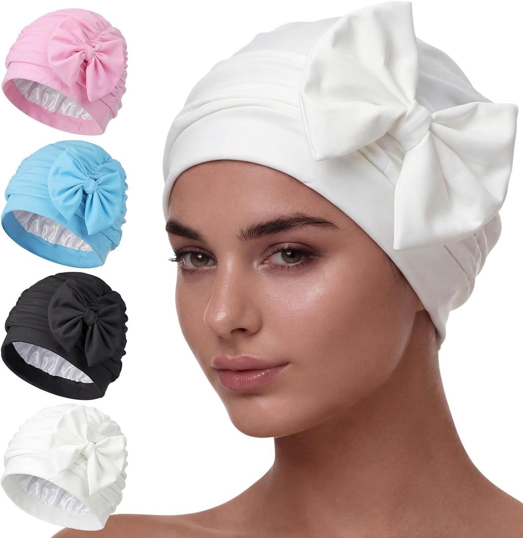 Soulchen 4 Pack Swim Caps for Women Waterproof Bathing Cap Elastic Full Coverage Swimming Turban for Long Hair Care Ear Protection, Pool, Beach, Water Sports Supplies