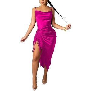 Women's Spaghetti Strap Satin Dress Sexy Backless Drawstring Ruched Split Hem Cocktail Evening Party, Size L