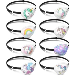 Eurzom 8 Pcs Unicorn Style Fabric Eye Patches for Kids, Adjustable Single Eye Patch with Elastic Strap, Reusable, Various Patterns, Halloween, Party, One Size, Hairband, Children, Unisex, 8 Count