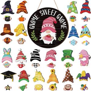 Wenqik 41 Pcs Interchangeable Sweet Gnome Signs Holiday Wooden Seasonal Gnome Decor Detachable Magnet Hat and Hand Welcome Sign for Home Decoration(Classical,Black)