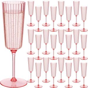 Jingmore 24 Pcs Plastic Ribbed Champagne Flutes With Stem, 6.4 oz Clear Vintage Disposable Champagne Glasses for Wedding Birthday Anniversary (Pink)