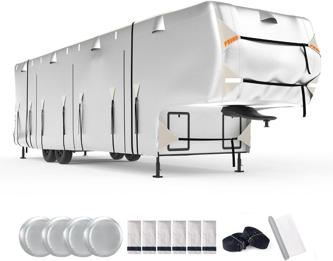 FRUNO Oxford Fabric 5th Wheel RV Cover Fits 33'-37' Waterproof Rip-Resistant Anti-UV Fifth Wheel Toy Hauler Camper Cover for Winter Snow with 4 Tire Covers and Gutter Covers