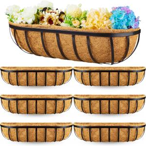 6 Pcs 24 Inch Railing Planter Window Box Deck Window Planter Basket with Coconut Liner Metal Hanging Outdoor Flower Box Decoration for Balcony Porch Fence Patio Garden Fence Lawn
