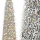 Obralitic 6 FT Shaggy Pop Up Christmas Tree with 100 Timer Lights and Remote, Silver Collapsible Artificial Tinsel Christmas Pencil Tree for Home Apartment Office Holiday Party Decor, Easy Assembly