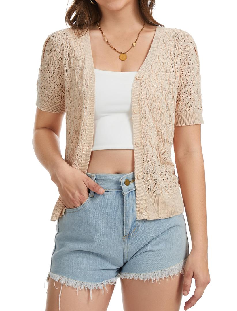 Short Sleeve Crochet Summer Cardigan Lightweight Open Front Cropped Button Up Sweater V Neck Hollow Out Beach Tops Apricot 2XL