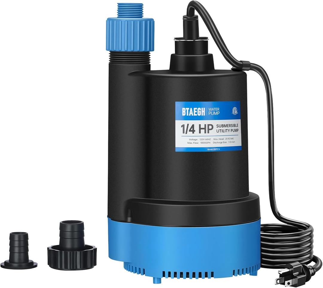 1/4 HP Submersible Water Pump 1800GPH Small Sump Pump Thermoplastic Electric Portable Transfer Utility Pump Clean for Swimming Pool Basement Garden Pond