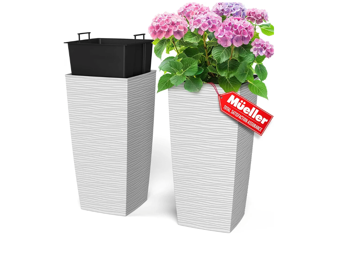 Mueller M-Resin Heavy Duty Tall Planters for Outdoor Plants, Indoor Grande Plant Pots, Boxes, Trees, Flower Pots, 2-Piece Set, 24”, Modern Design, Built-in Drainage, Front Porch Decor, White