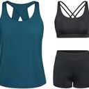 Tempt Me 3 Piece Tankini Swimsuits for Women Athletic Bathing Suits Swim Tank Top with Boy Shorts and Bra Modest Swimwear, XS