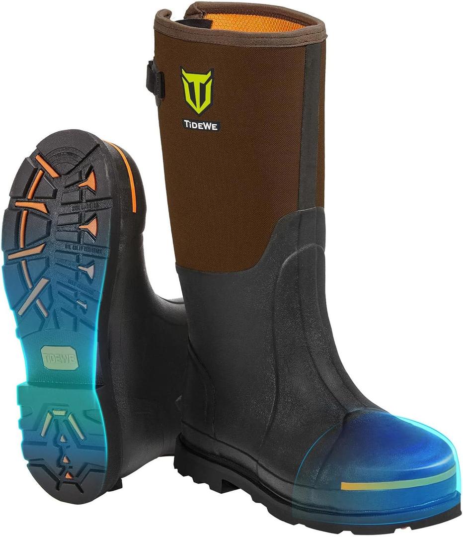 TIDEWE Rubber Work Boot for Men with Steel Toe & Shank, Waterproof Anti Slip Hunting Boot, 6mm Neoprene Hunting Boot, Durable Brown Rubber Boot for Manufacturing, Construction, Farming, Size: 13