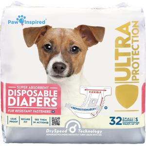 Paw Inspired 32ct Disposable Dog Diapers | Female Dog Diapers Ultra Protection | Diapers for Dogs in Heat, Excitable Urination, or Incontinence (Small)