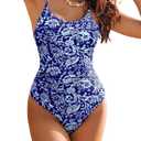 AI'MAGE Women's One Piece Swimsuits Tummy Control Bathing Suits Cutout High Cut Ruched Adjustable Strap Swimwear with O Ring, Navy Blue Floral, L
