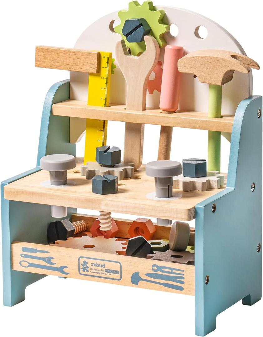 ROBUD Mini Wooden Play Tool Workbench Set for Kids Toddlers - Construction Toys Gift for 36 Months 3 4 5 Years Old Boys Girls