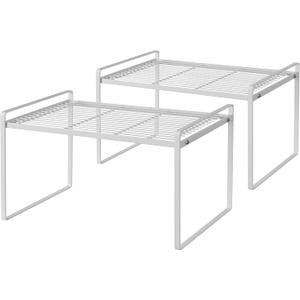 Shantton 2Pack Kitchen Cabinet Shelf Counter Organizer Rack Pantry Storage Bathroom Bedroom Office Table Desk Space Saving Stackable Rust Resistant Non Slip White Tall Wide L16.1in W10.6in H9.5in