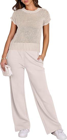 ANRABESS Women Two Piece Outfits Crochet Sheer Knit Sweater Top Wide Leg Pants Lounge Matching Sets Sweatsuit Travel Clothes S