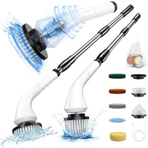 Electric Spin Scrubber-Cordless Cleaning Brush with 8 Replaceable Brush Heads and Adjustable Extension Handle, Dual Speed Electric Spin Brush for Cleaning Bathroom, Tub, Tile, Floor, etc (White)