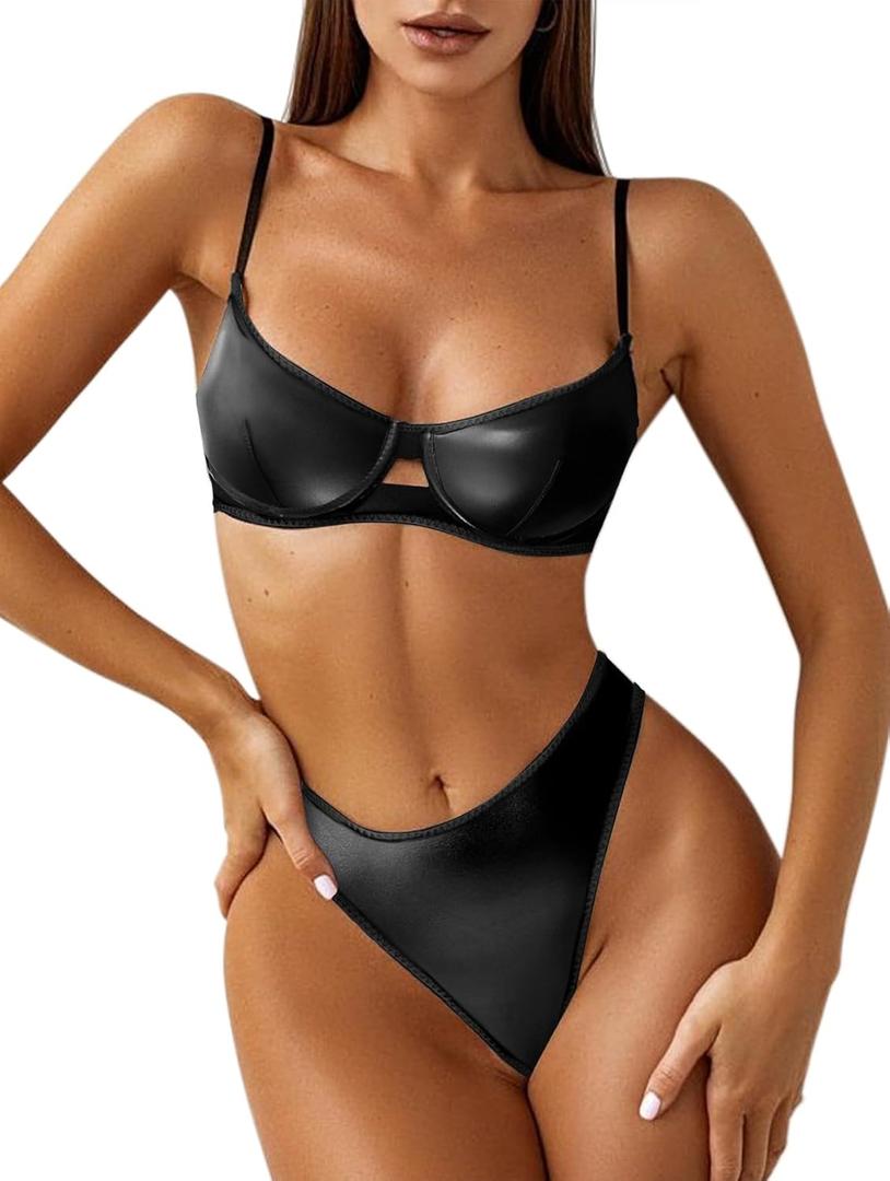 Lilosy Sexy Mesh Sheer Underwire Push Up Lingerie Set Lingerie Set (Black, M)