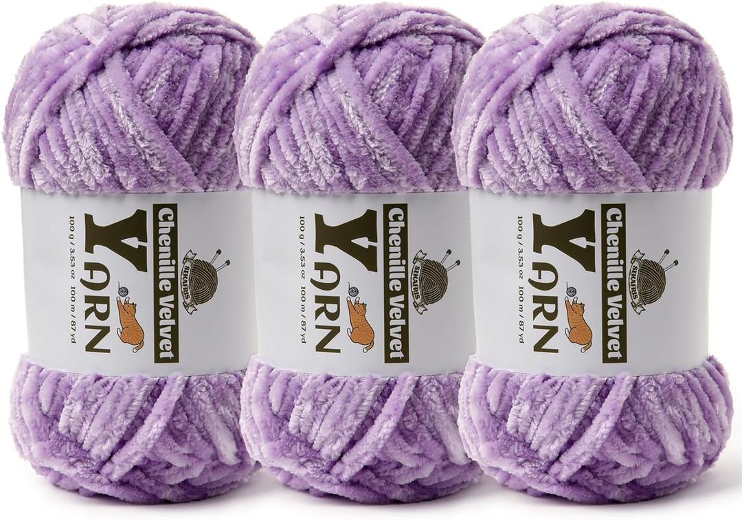 3 Pack Plush Chenille Chunky Yarn - Fluffy Velvet Yarns Crochet for Blanket Knitting and Crocheting - Soft Baby Yarn for Crocheting - Amigurumi Crochet Yarns 100g (87yds) (3 Pale Purple)