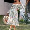 Amegoya Women's Boho Flowy Long Sleeve Square Neck Floral Midi Dress Smocked Spring Fall Wedding Guest Dresses (Green, S)
