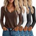 Neer 4 Pack Women's T-Shirts V Neck Long Sleeve Casual Tops Loose Fit Basic Layering Shirts Straight Hem Plain Soft Tees (Black, Brown, Dark Gray, White)