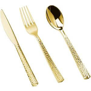 150PCS Gold Plastic Silverware, Heavy Duty Plastic Cutlery Set, Disposable Utensils - 50 Forks, 50 Spoons and 50 Knifes for Party, Wedding and Events