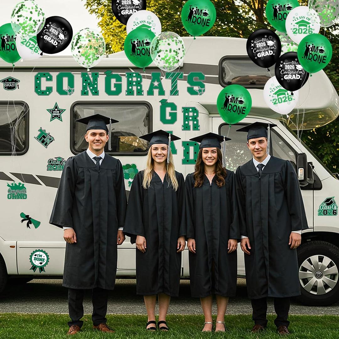 45pcs 2026 Graduation Car Magnets Balloons Decorations Green Grad 2026 Graduation Fridge Magnets Car Garage Door Magnetic Stickers Class of 2026 Graduation Car Parade Car Decorations