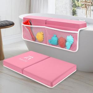 Bath Kneeler and Elbow Rest Pad Set - 2 inch Comfortable Thick Baby Bath Kneeler Pads, with Toy Organizer Pockets - Quick Drying, Foldable, Non-Slip for Baby and Toddler Bathing (Pink)