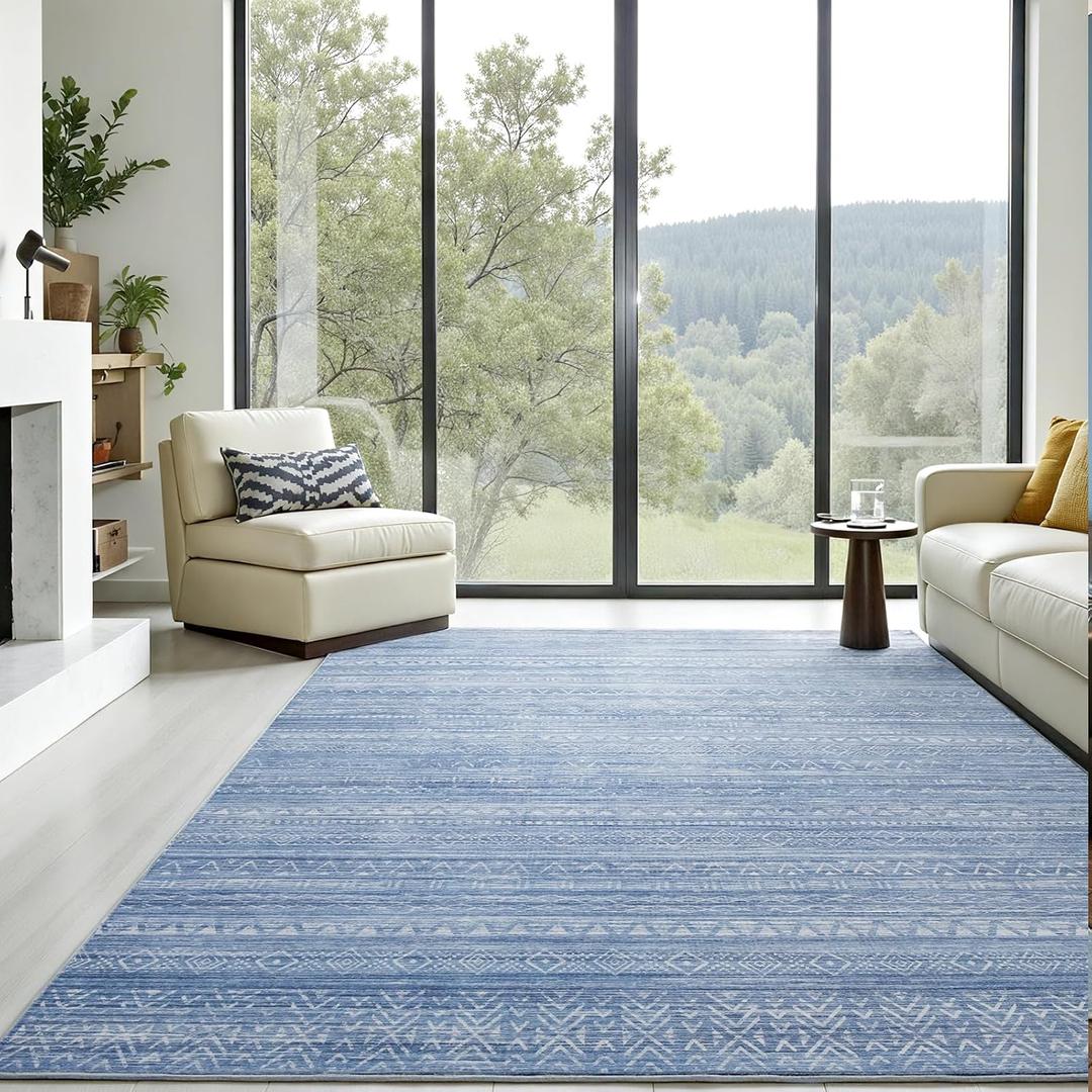 ThreadGlobe Patterned Washable 8x10 Area Rugs Modern for Living Room, Blue
