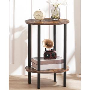 Round Side Table, 2-Tier End Table, Small Round Nightstand with Sturdy Metal Tube, Industrial Circular Coffee Table, for Living Room, Bedroom, Rustic Brown and Black TBZ01BF