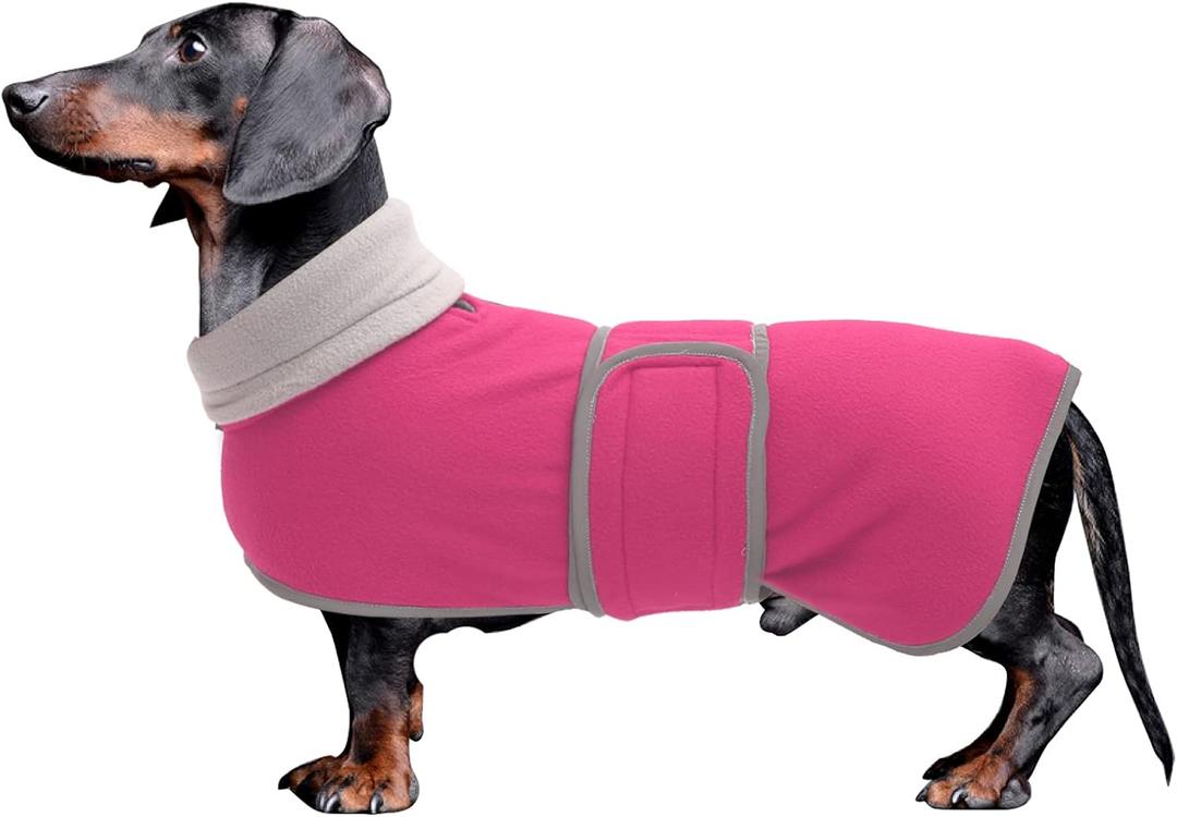 Dachshund Coats Sausage Dog Fleece Coat in Winter Miniature Dachshund Clothes with Hook and Loop Closure and high vis Reflective Trim Safety - Pink -(Back: 14"-15"in) Small