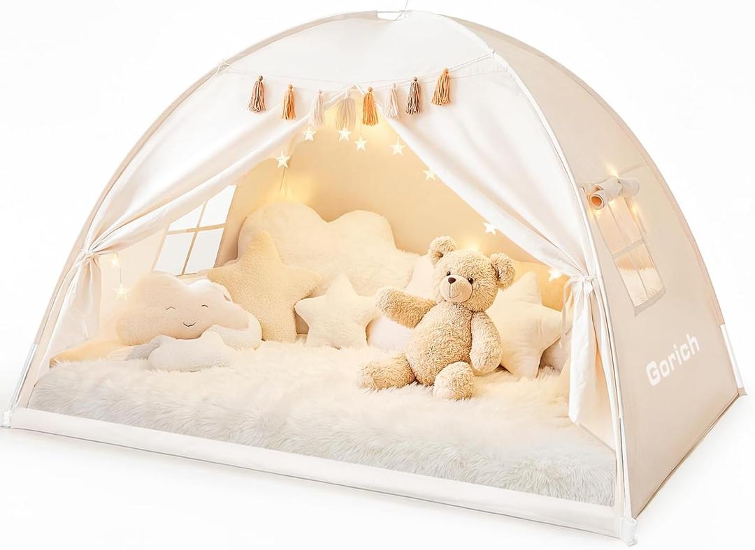 Gorich Twin Bed Tent for Kids, Indoor Privacy Toddler Sleeping Canopy with Mesh Window, Fits Bunk or Floor Bed, Include Star Lights & Tassels, Cozy Playhouse for Boys Girls Birthday (Cream)