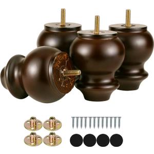 Michanco 4 Inch Wood Furniture Legs Bun Feet Replacement Chunky Wooden Furniture Feet for Sofa Couch Set of 4 (4 Inch Espresso)