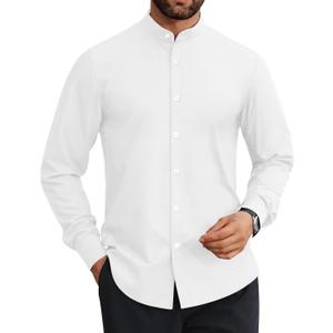 Mens Dress Shirts Wrinkle Free Dress Shirts for Men Long Sleeve Button Down Shirts Banded Collar Shirts (X-Large, All White)