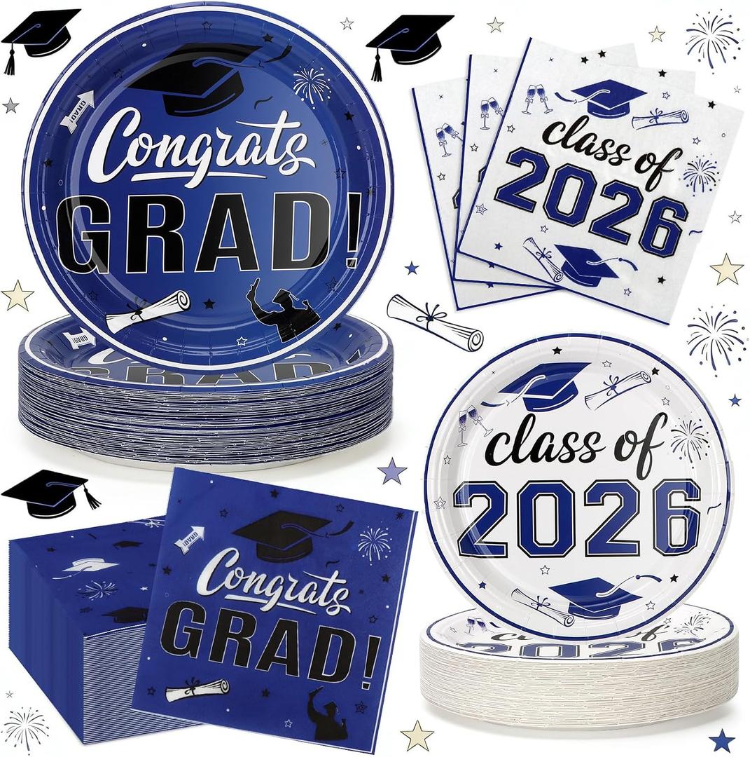 2026 Graduation Plates and Napkins, 9’’ Disposable Paper Plates 7’’ Dessert Plates with Blue Congrats GRAD Class of 2026 Party Supplies Tableware Set for Graduation Party Decorations Serve 50 Guests