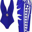 SherryDC One Piece Swimsuit with Cover up Wrap Skirt Sarong Floral Print Plunge V Neck Bathing Suit for Women (X-Large, 151-blue)