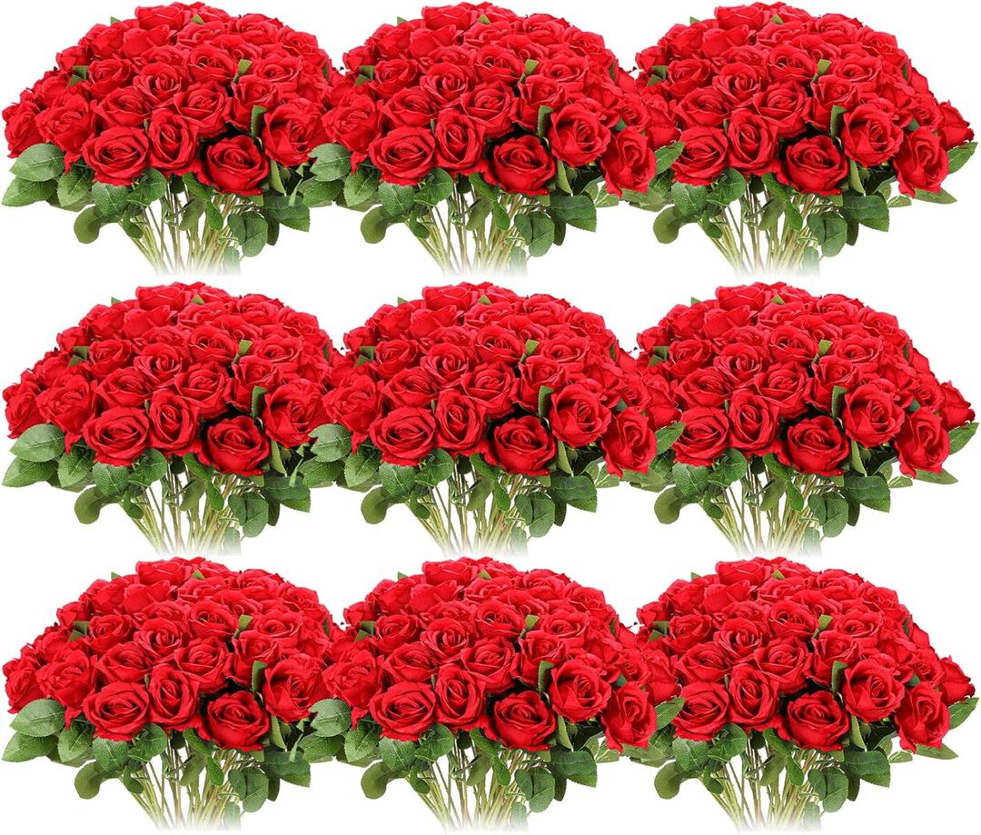 Jexine 100 Pieces Artificial Roses Flowers Bulk, Long Stem Realistic Fake Silk Roses Bouquet for Table Centerpiece Vases Wedding Party Kitchen Decor(Red)