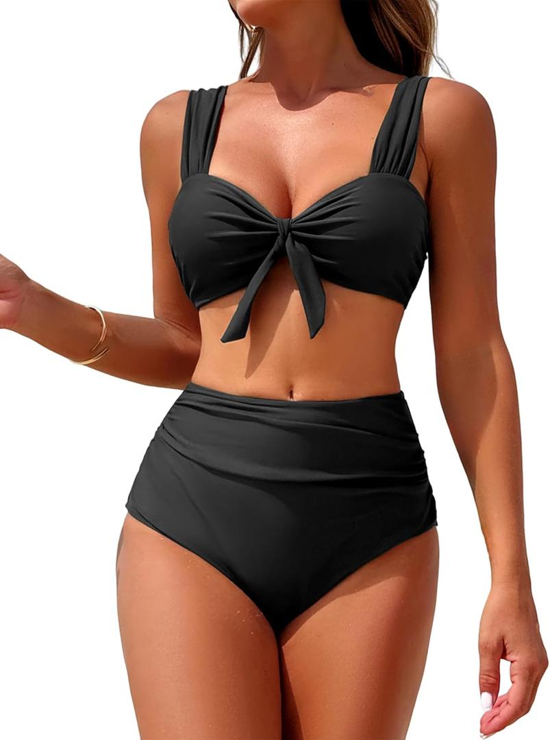 ZAFUL High Waisted Bikini Sets for Women Swim Suits 2025 Tummy Control Ruched Bikini Two Piece Bathing Suit Swimwear (Medium, Black)