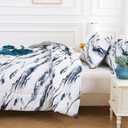 Mooreeke Queen Size Comforter Sets, Navy Blue Grey Lake Ripple Theme Printed Bedding for All Seasons, 3-Piece Vintage Bed in a Bag with Fluffy Quilted Reversible Comforter & 2 Pillow Shams