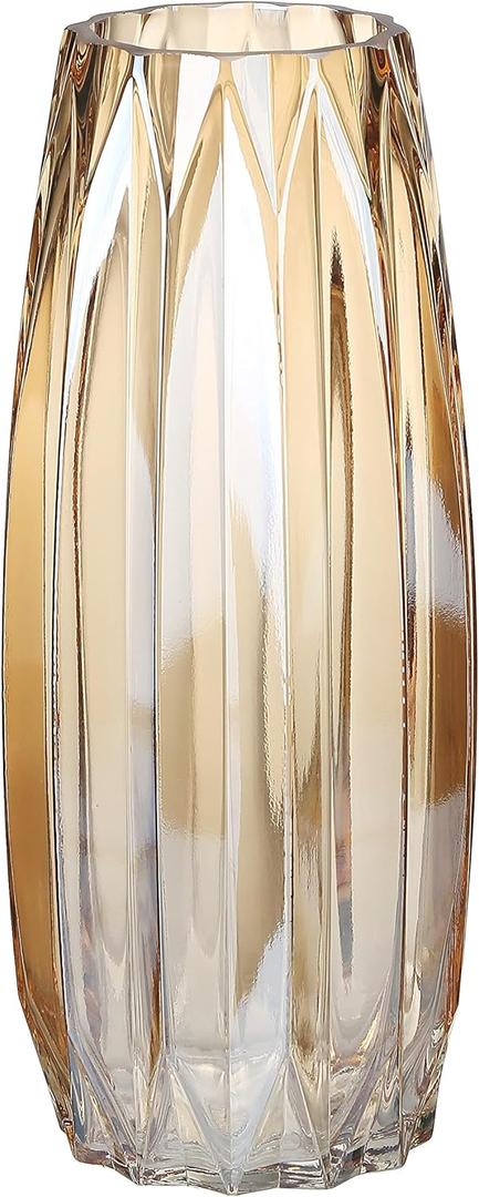 Lucky Bird Amber Glass Vase - Modern Tall/Short Ribbed Vase for Flowers & Candles - Amber H11.8" Centerpiece HomeDecor