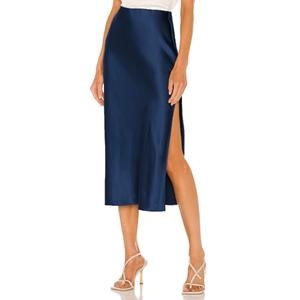 Skrtimory Womens Satin Silk High Waist Slit Midi Skirt Elastic Waistband Midi Skirts for Women Navy Blue, M Size