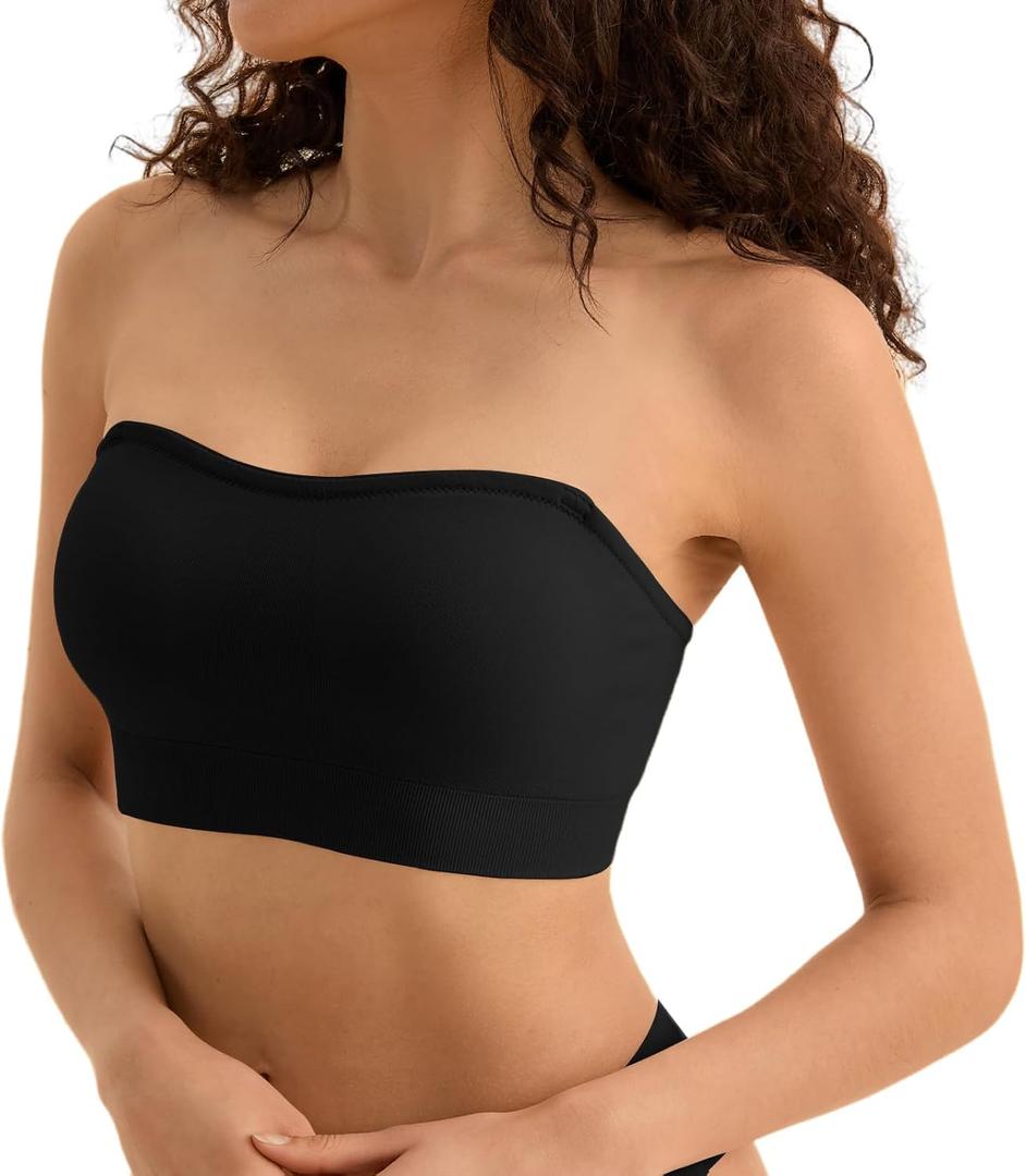 Strapless Bras for Women, S-XL, Non-Slip Silicone Padded Bandeau Bra with Free Clear Strap, Wireless Tube Top Bralette (Medium, Black)