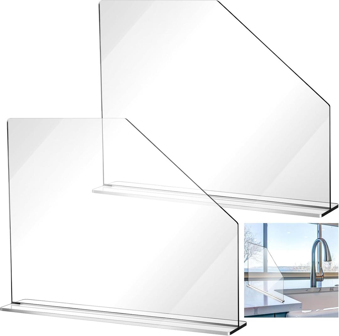 Vesici 2 Pcs Clear Acrylic Sink Splash Guard Freestanding Panel Barrier with Easy Reach Cutaway Kitchen Guard Protective Splatter Barrier for Home Hospitals (23.625" Length, 18" Height, 4.5" Base)