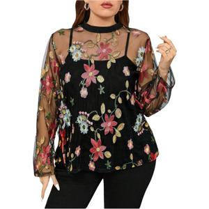 OYOANGLE Women's Plus Size Floral Embroidery Long Sleeve Sheer Blouse Boho See Through Tops (3X-Large Plus, Black)