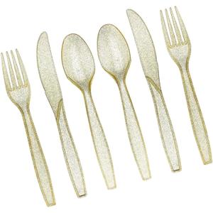 Prestee 180 Gold Glitter Plastic Silverware Cutlery Set - Gold Plastic Silverware Disposable Flatware with 60 Forks, 60 Spoons, 60 Knives - Suitable for Parties, Fancy Party Utensils
