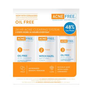 Acne Free 3 Step 24 Hour Acne Treatment Kit - Clearing System W Oil Free Acne Cleanser, Witch Hazel Toner, & Oil Free Acne Lotion - Acne Solution W/ Benzoyl Peroxide for Teens and Adults - Original (3 Piece Set)