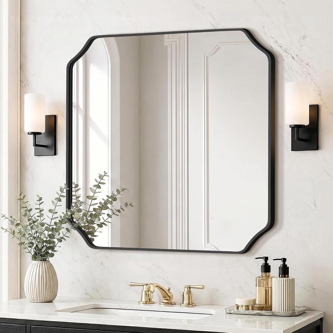 Delma Bathroom Vanity Mirror, Black Framed Aluminum Bathroom Mirror for Over Sink, Scalloped Round Corner Wall Mirror, High-Definition Vanity Mirror, Hangs Horizontally or Vertically (30x30,Black)