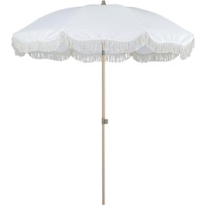 Tempera 7ft Boho Beach & Patio Umbrella with Fringe, Market Umbrellas with UPF 50+ UV & Water-Resistant Canopy, 1.5" Wood Pole & Button Tilt. (White)